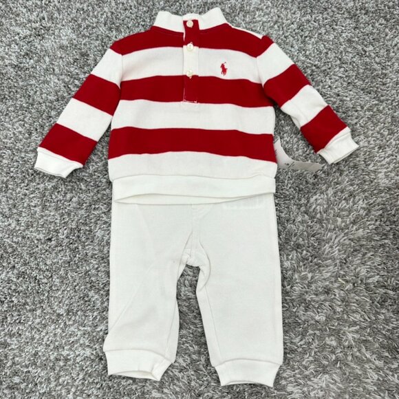 Ralph Lauren Baby Boy 9M Red White Striped Top & Waffle Knit Pants Set NWT - Picture 1 of 9